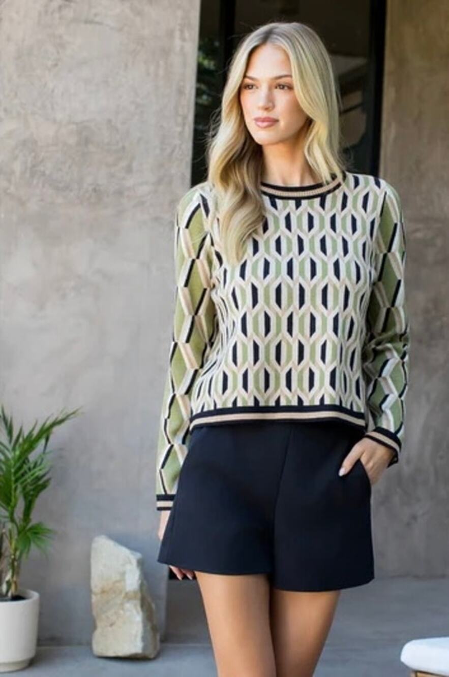 THML Women's Geometric Pattern Knit Jacquard Sweater Olive WK0570